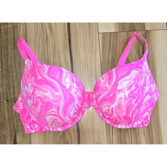 Victoria Secret Pink Atomic Pink Marble Bra Pink White Size 36D Push Up - Picture 1 of 7